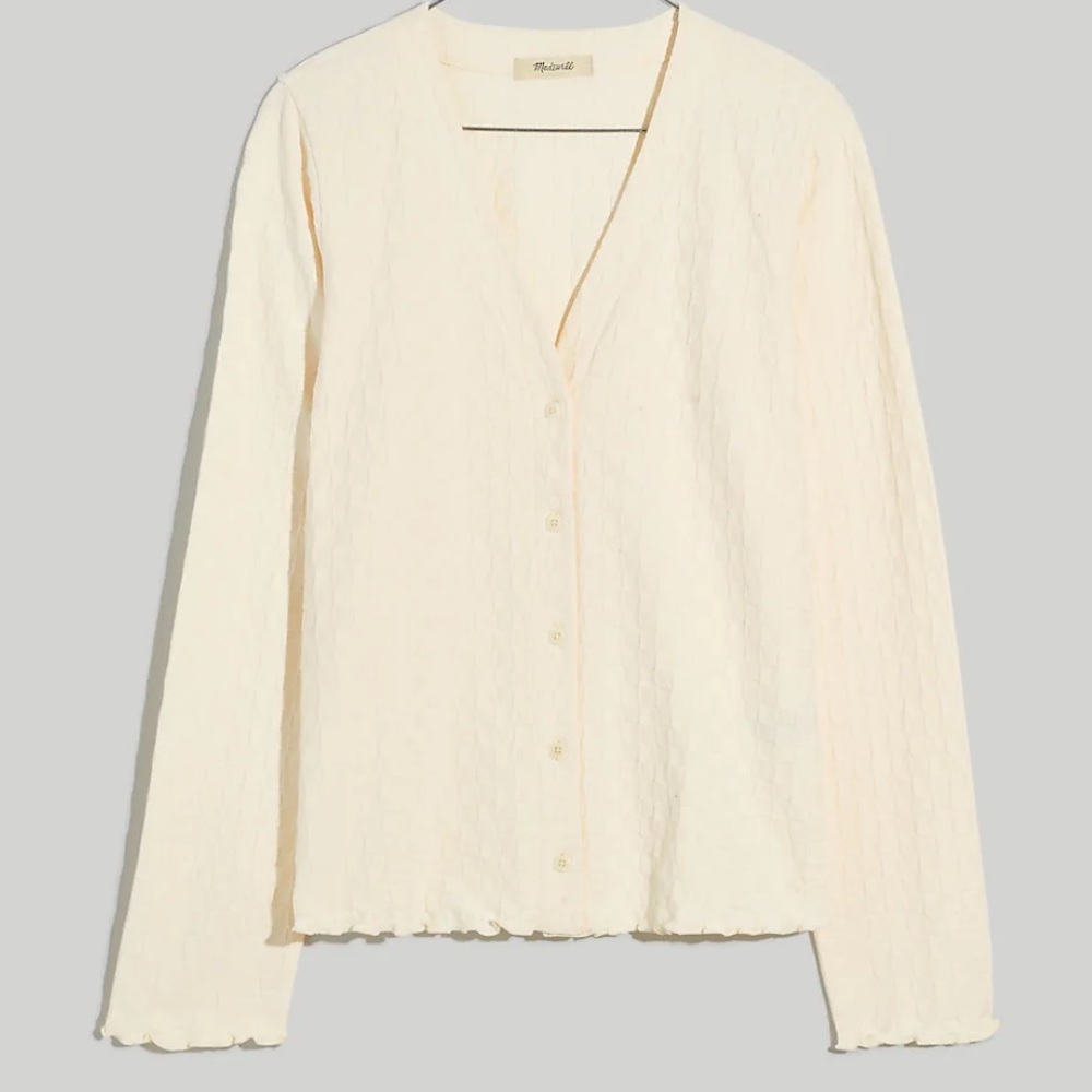 Madewell v neck cardigan in checkerboard jacquard cream white